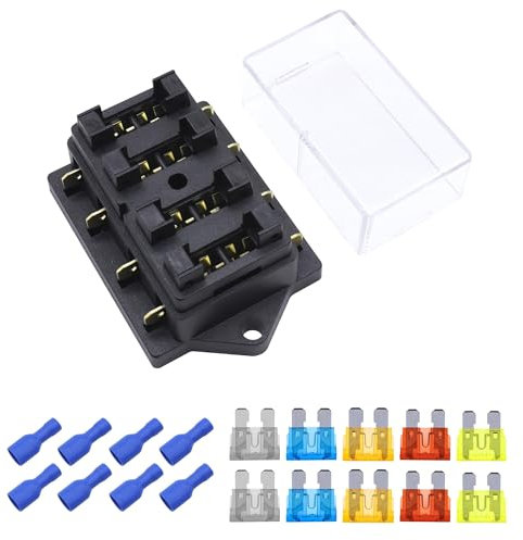 HISports 4 Fach Sicherungshalter,Sicherungsblock mit 10 Sicherung(5A * 2,10A * 2,15A * 2,20A * 2,25A * 2) KFZ Standard Bsicherungsdose ATO Wasserdicht Sicherungsträger