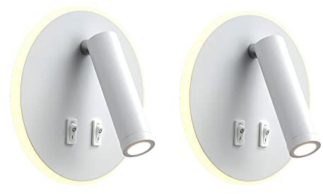 uksunvi Lámpara de pared LED, lámpara de pared de lectura junto a la cama, lámparas de lectura de pared LED de 12 W, foco ajustable （3 W + 9 W 3000 K luz cálida） (blanco Forma redonda 2PCS)