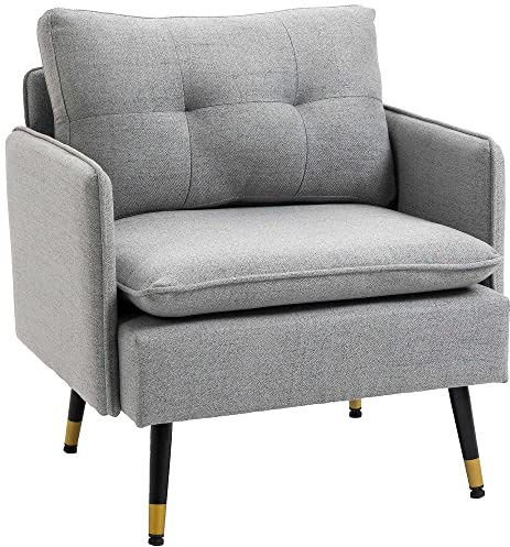 HOMCOM Fauteuil de Salon, Fauteuil 1 Place, en Tissu Lin 72 cm, Coussin Assise rembourrée Dossier capitonné Ressorts en S Pieds en Acier, Sofa Moderne pour Chambre, Appartement, Gris