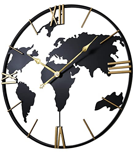 SCOAGE 24 Inch Mid Century Large Metal Wall Clock Battery Operated Big World Map Golden Roman Numerals Silent Aesthetic Oversized Analog Wall Clocks Vintage Decor for Bedroom Farmhouse Kitchen Mantle