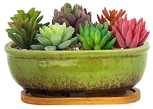 ARTKETTY Pot de Fleurs succulentes rectangulaire en céramique avec Plateau de Drainage - 20 cm - pour la Maison, Le Jardin, la fenêtre