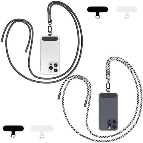 Qyoocom Handykette Universal für alle Smartphones,2 Stück Schlüsselband Kette zum Umhängen mit 4 Universelles Pad,Einstellbar und Abnehmbar. (Blau Camouflage+Schwarz)