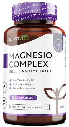Citrato de Magnesio 1545mg + Magnesio Bisglicinato 600mg con Vitamina C y B6 - Reduce Cansancio y Fatiga - Apoyo Muscular y Energético - Magnesium de Alta Biodisponibilidad - 120 Cápsulas - Nutravita
