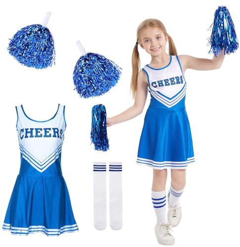 DAZZTIME Cheerleader Kostüm Kinder,Cheerleadering Outfit Mädchen,Kinderkostüm Cheerleader,Cheerleader Kostüm Mädchen,Kinder Cheer Outfit mit Pompoms Socken für Karneval Halloween,Fasching,Mottoparty