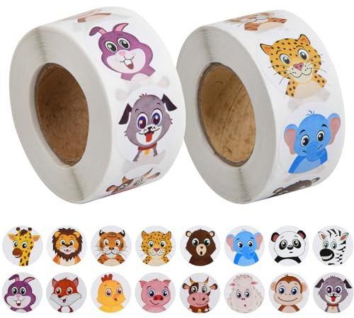 1000 Pegatinas de Animales para Niños - Recompensas para Maestros, Animales en Forma de Círculo en Colores, Pegatinas Motivacionales para Niños, 2 Rollos