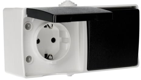 Jandei - Doble Mecanismo Superficie, Estanco para Exterior, Resistente al Agua IP54, 10A 250V (Enchufe Schuko + Interruptor)