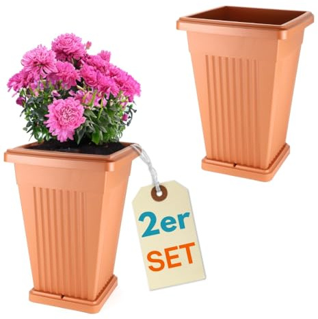 GarPet 2er Set Pflanzkübel Pyramide Pflanzkübel Groß Außen Blumenkübel Outdoor Pflanztopf Pflanzkasten Blumentopf mit Untersetzer Rechteckig 50 Terrakotta