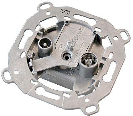 Tomacorriente R-TV puenteado con múltiples salidas, ideal para conexión de dispositivos y distribución de señal.