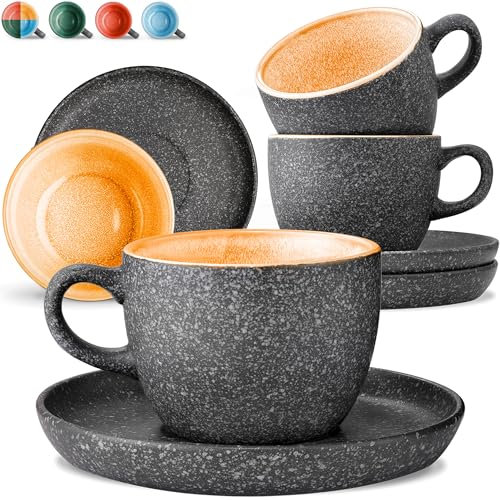 Cosumy Set de 4 Tazas de Capuchino - 200ml en Cerámica con Platillos – Juego de Café Moderno - Gres Grueso con Esmalte Reactivo Hecho a Mano - Mantiene el Calor por Más Tiempo (Amarillo)
