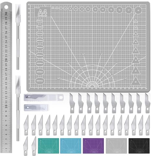 Miuzei Ensemble de tapis de découpe A4 avec règle en acier et 30 couteaux à papier pour sculpture, loisirs créatifs, tapis de dessin (gris)