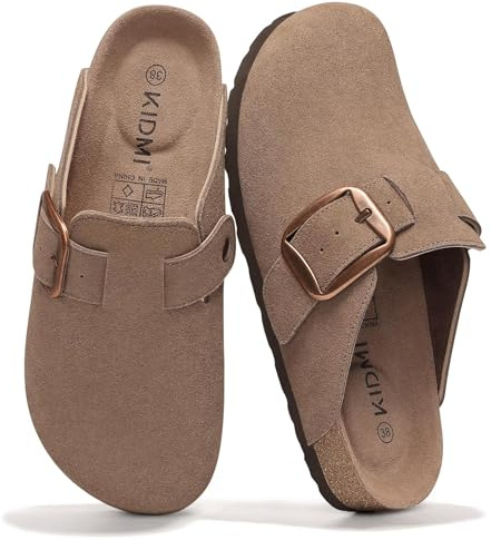 KIDMI Genuine Suede Clogs for Women Memory Foam Cork Footbed Potato Shoes Slip On Leather Mules with Big Buckle, Mocha size 8 (39)