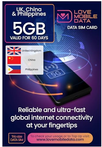 Love Mobile Data Only Sim Card - International Multi-Network 4G/5G Prepaid Pay As You Go Data Sim for Mobile Phones, WiFi Routers & More, UK, China, Hong Kong & Philippines - 5GB for 60 Days