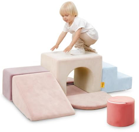 BanaSuper Blocs Mousse Éducatifs Modulables | Jeu de Motricité Intérieure pour Enfants | Parcours Motricité | Structure d'escalade Antidérapante | Design Lavable & Sécurité Renforcée (Rose)
