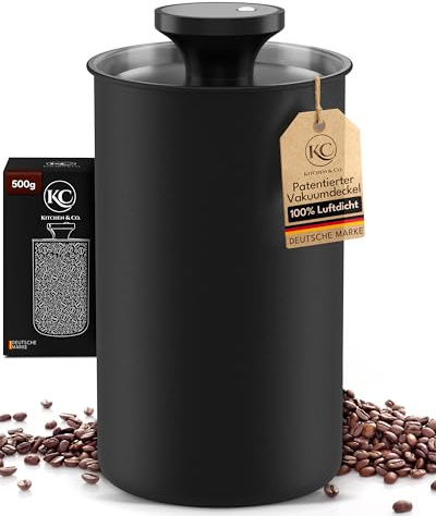 KC Kitchen & Co. Barattolo per caffè ermetico per 500 grammi di chicchi di caffè, in acciaio inox con coperchio sottovuoto e tappo per aromi, contenitore per caffè, tè, zucchero, cereali, nero opaco