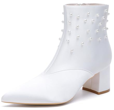 HFWXYSA Botas De Satén para Novia con Tacón Bloque, Botines Tobilleros para Novia, Zapatos De Fiesta Y Baile De Punta,Blanca,38 EU