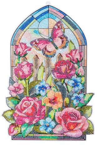 Ideen mit Herz Diamond-Painting-fönsterbild | Glaskonstutseende | dekoration och gör-det-själv | material: PET (rosor med fjäril)