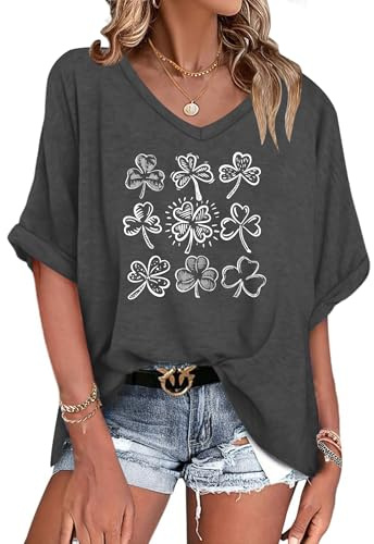 WNEEDU Oversize t-shirt damer sommar v-ringad topp damer kortärmade toppar sommar blus skjorta lös lätt och luftig