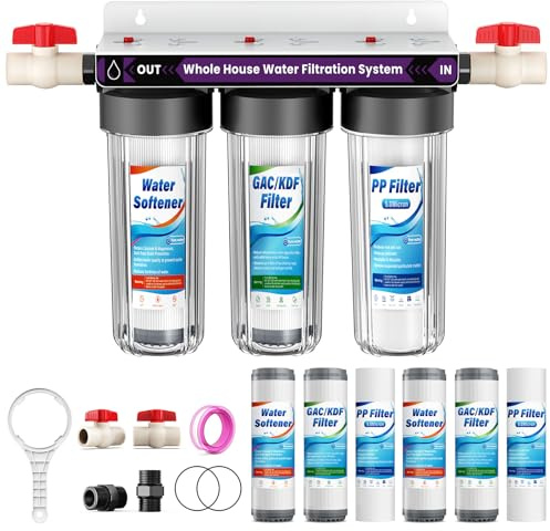 Whole House Water Filter System, 3-Stage Whole Home Water Softener System Highly Reduces Taste,Iron,Scale,Lead,Chlorine, with Heavy Metal and Anti-Scale Filter,3/4 Ports, Extra 1 Year Filter