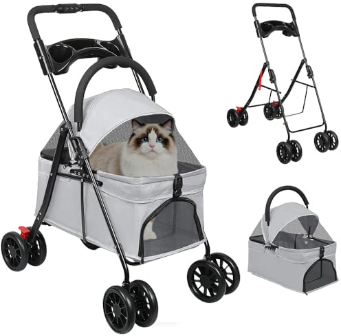 OHMG Passeggino per cani 3 in 1, Passeggino per gatti pieghevole, cestino portaoggetti con finestra in rete, per cani e gatti piccoli, fino a 25 kg, 4 ruote resistenti all'usura a 360°