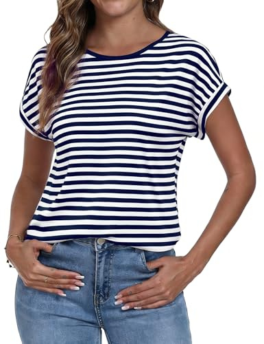 Terecey Camiseta Mujer Rayas Manga Corta Cuello Redondo Holgada | Tejido Ligero y Transpirable, Caída Cómoda, Libertad de Movimiento, Uso Diario, Viajes, Paseos y Vacaciones de Verano