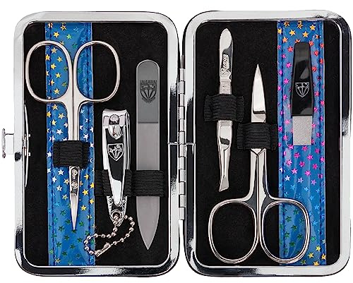 Tre svärden– Tyskland 6 delar Manikyrset Genova | set i nagelfodral av konstlackläder blå stjärnor | innehåll: Nagelsax, hudsax, nagelklippare, glasnagelfil, pincett, safirnagelfil