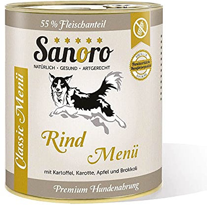 Sanoro Menü Classic Rind mit 55% Fleischanteil - Premium Hundefutter in Teil-Bio-Qualität - Rind mit Bio-Kartoffel, Bio-Karotte, Bio-Apfel und Bio-Brokkoli - singleprotein (6 x 800 g)
