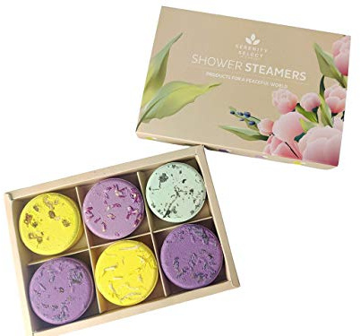 Serenity Select Bombe da doccia organiche per aromaterapia con olio essenziale, 6 compresse di vapore da doccia, per alleviare lo stress e rilassarsi, ottimo set regalo per la casa e la spa, festa