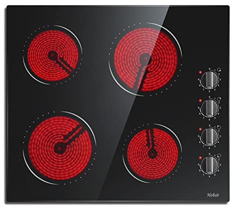 Hobsir Plaque Vitrocéramique 4 Feux, 60CM Encastrable Plaque de Cuisson électrique, 9 Niveaux, 6000W, Verre Ceramique Noir, Contrôle Individuel des Boutons, Pas de Prise, 230V
