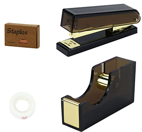 MultiBey Schwarz & Gold Hefter und Klebebandabroller-Set, Acryl-Stilvoller Hefterbandhalter 2.5 cm Kern, schwarz und goldfarben, Zuhause, Büro (Hefter & Klebebandabroller)