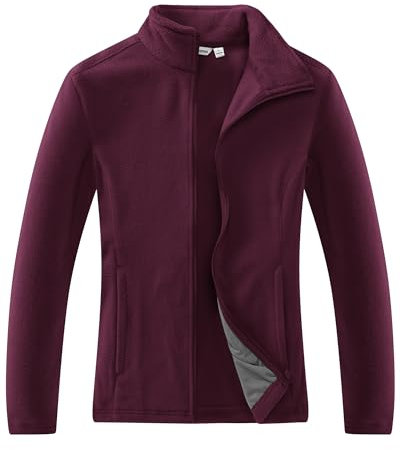 33,000ft Damen Fleecejacke mit Durchgehendem Reißverschluss Stehkragen Damen Leichte Fleece Jacke Antistatische Outdoor Damenjacke für Wandern und Freizeit, Weinrot 2XL