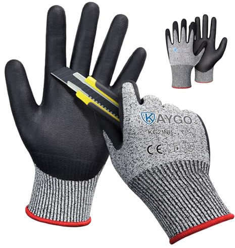 KAYGO 2 par arbetshandskar skärbeständig nivå C, KG21N, nitril belagd halkfritt handtag, tvättbar, EN388 4X42C skärskyddshandskar för skärning, lager, bygg, bil (grå, S, storlek 7)