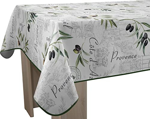 Le Linge de Jules Nappe Anti-Taches Provence - Rectangle 150 x 200 cm, Vert, Ecru, Gris, Noir