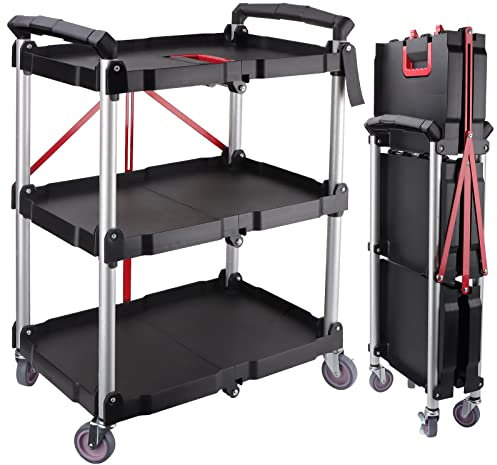 EBANKU 3-Tier Service Carts with Wheels, Foldable Rolling Cart with Locking Wheels Heavy Duty Kitchen Storage Shelves Garage Shelving Unit for Warehouse Storage, Garage, Cleaning