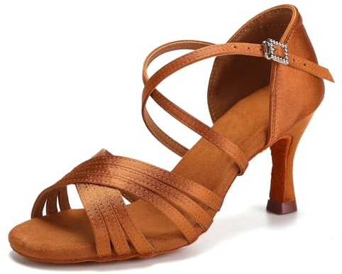 SWDZM Scarpe da Ballo Latino Americano Donna Professionali da Sala Bachata,Marrone,Tacco 7cm,Suola in camoscio,EU 40