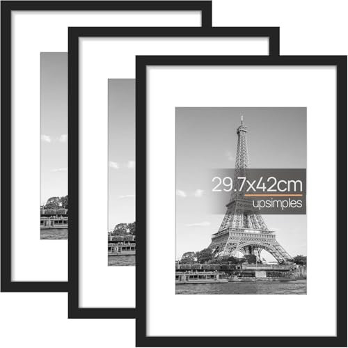 upsimples A3 Picture Frame, 3 Pack Black Photo Frame, Wall Hanging Picture 29.7 x 42cm