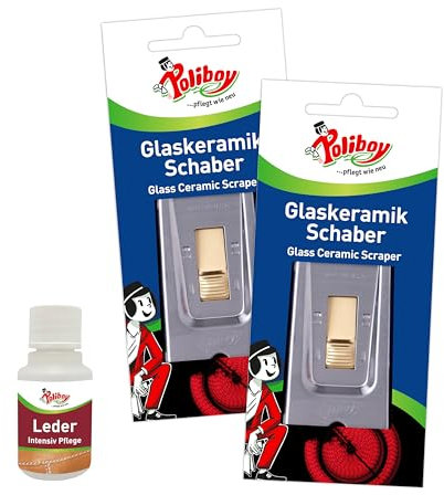 POLIBOY Glaskeramik Schaber - Ceranfeldschaber aus rostfreiem Stahl - Als Kochfeldschaber und Reinigungsschaber - 2 Schaber - Mit Produktprobe - Made in Germany