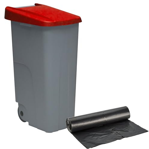 WELL HOME MOBILIARIO & DECORACIÓN Contenedor Cerrado 110L Rojo H.88cm + Rollo 10 bolsas de basura 120L