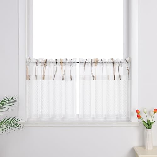Joyswahl Fönstergardiner i lantlig stil, vita gardiner i set, transparenta bistrogardiner, vardagsrum, köksgardiner med spets och voile, brun, H x B 60 x 90 cm, 2 stycken