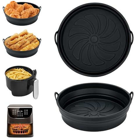 Alyvisun Teglie per Friggitrice ad Aria, 2 Pezzi Teglia Accessori in Silicone per Air Fryer Contenitori Cestello Riutilizzabile Rotondo Tappetino Stampi Per Airfryer, Microonde, Forno (Nero)