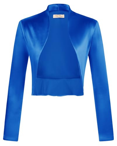 Belle Poque Boléro vintage en satin à manches longues ouvert sur le devant avec ourlet froncé pour femme, bleu marine, L