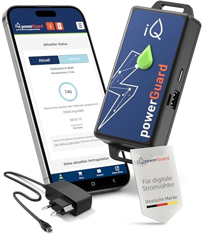 iQ powerGuard - Contador eléctrico inteligente con interfaz, iQ Cloud, App, función de alarma y Wi-Fi, monitoreo digital de consumo y costes - medidor de corriente y medidor de energía con