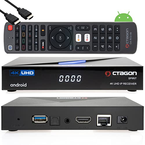 Octagon Spirit 4K UHD HDR10+ Smart Android TV OTT IP Media-Streaming-Box, 5G WLAN, Bluetooth 5.1, BT Fernbedienung, Sprachsteuerung, Playstore, Widevine Level L1, MeTV Player + HTS e-com HDMI Kabel