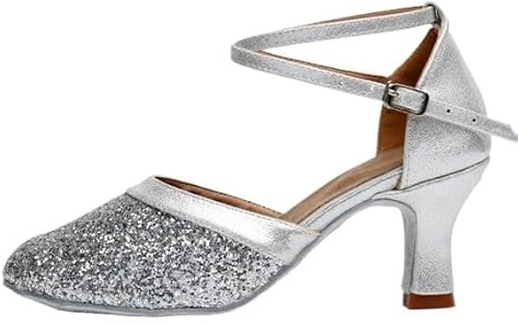 Hhhchpm Womens Latin Dance Shoes Heeled Ballroom Salsa Tango Party Flamenco Latin Sequin Comfortable Non-Slip Dance Shoes (Silver-1.97in,6.5)