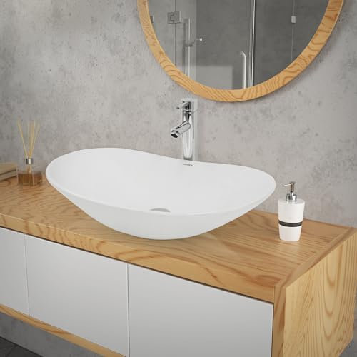 LuxeBath Waschbecken Keramik 640x365x130 mm, oval, Weiß, Kieselstein Form, Aufsatzwaschbecken für Badezimmer/Gäste-WC, Modernes Aufsatzbecken, Waschtisch Waschschale Waschplatz Handwaschbecken Becken