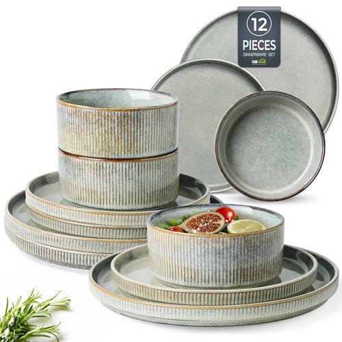 GBhome Stoneware Dinner Sets for 4 People, 12 Pieces Reactive Glaze Handcrafted Plates and Bowls Set, Scratch Resistant Dinnerware Set, Dishwasher & Microwave Safe Crockery Set, Desret Sage