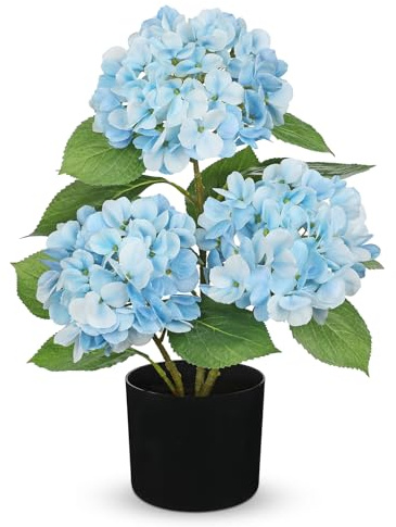 Hollyone Hortensias artificiales en maceta, color azul claro, flores artificiales, flores decorativas con maceta, flores de seda para el hogar, baño, oficina, mesa de decoración