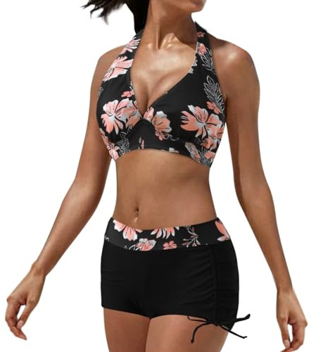 Maillot De Bain Shorty Femme 2 Pieces Sport,Ensembles Maillots Deux Pièces Taille Haute Tankini Shorty Push Up Rembourré Bikini Set Avec Short Licou De Bain Bikini Imprimé Swimwear De Plage Hawaii Ete