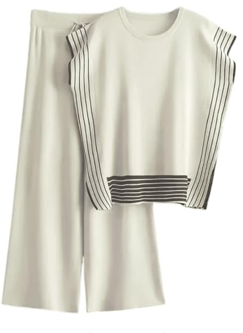 Veriliss Two Piece Outfits for Women Co Ord Sets Knited Sweater Set Tracksuit Pullover Tops Elastic Waisted Pants Lounge Wear(Stripe-Apricot,XL)