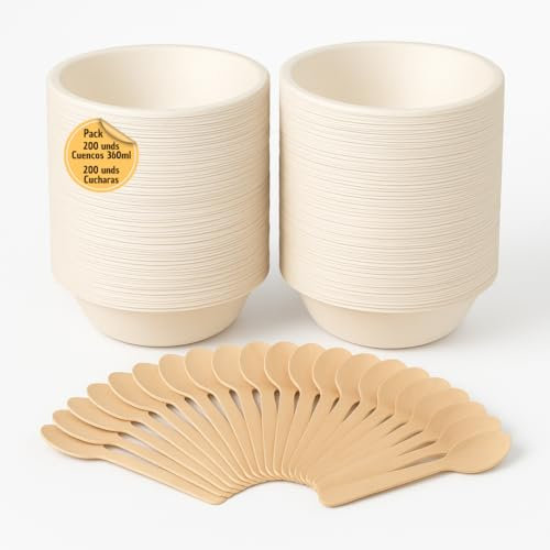Urbisell Pack 200 Cuencos Biodegradables Fibra de Caña 12oz + 200 Cucharas de Madera Encerada 16cm | Vajilla Desechable Ecológica Compostable | Alimentos Calientes y Frios (Cuencos y Cucharas)