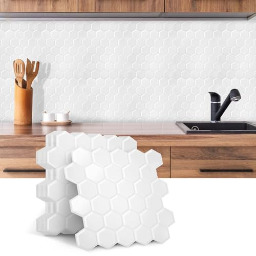 ISOISL självhäftande kakel självhäftande, vattentäta och värmebeständiga – kakeldekaler för kök och badrum – lätt att rengöra (set om 10, hexagondesign, vit)